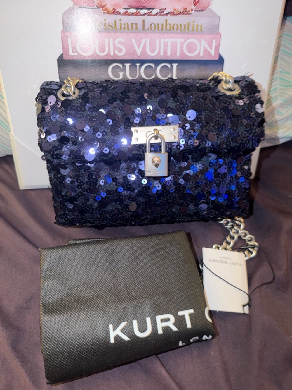 Kurt Geiger Navy Sequin Chain Crossbody Bag with Silver Hardware NWT